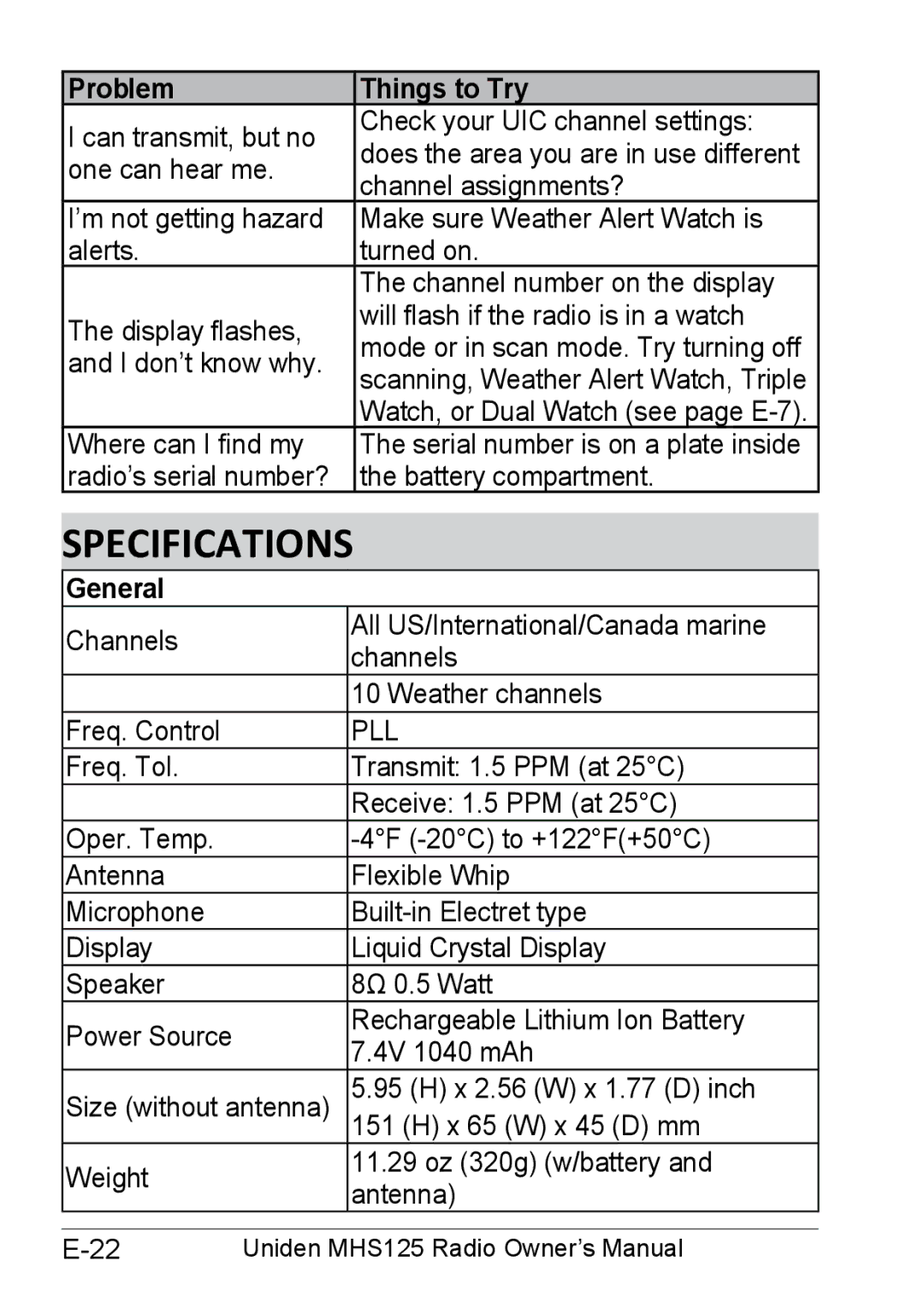 Uniden MHS125 owner manual Specifications, Problem Things to Try, General 