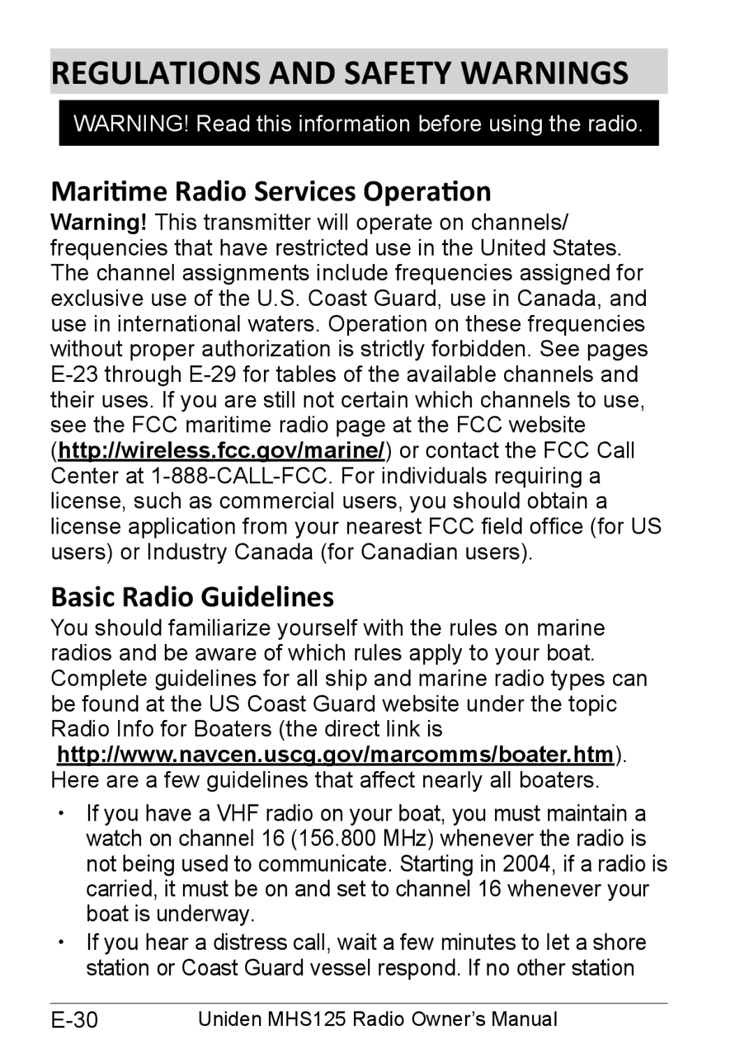 Uniden MHS125 owner manual Regulations and Safety Warnings, Maritime Radio Services Operation Basic Radio Guidelines 