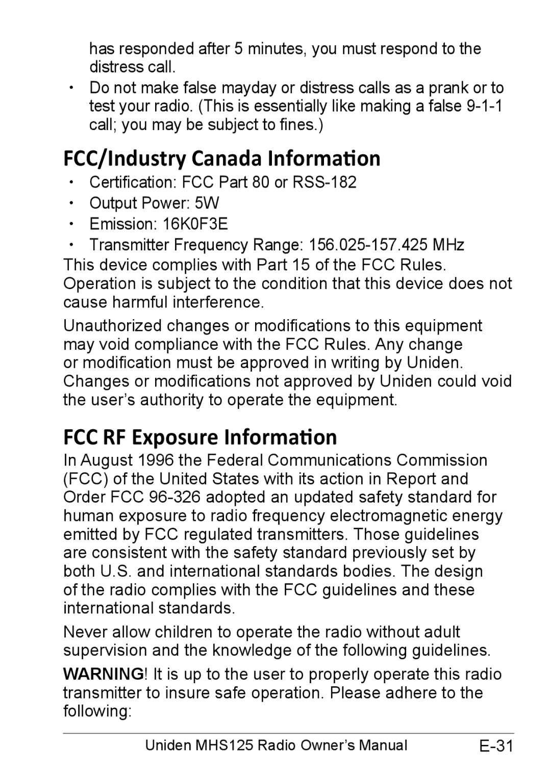 Uniden MHS125 owner manual FCC/Industry Canada Information 