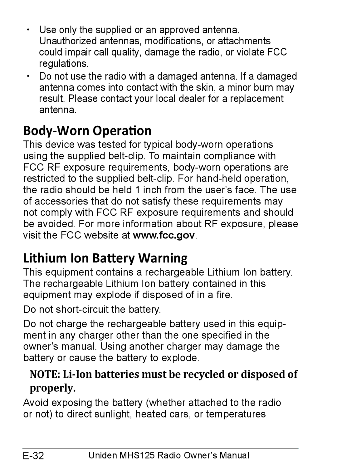 Uniden MHS125 owner manual Body-Worn Operation Lithium Ion Battery Warning 