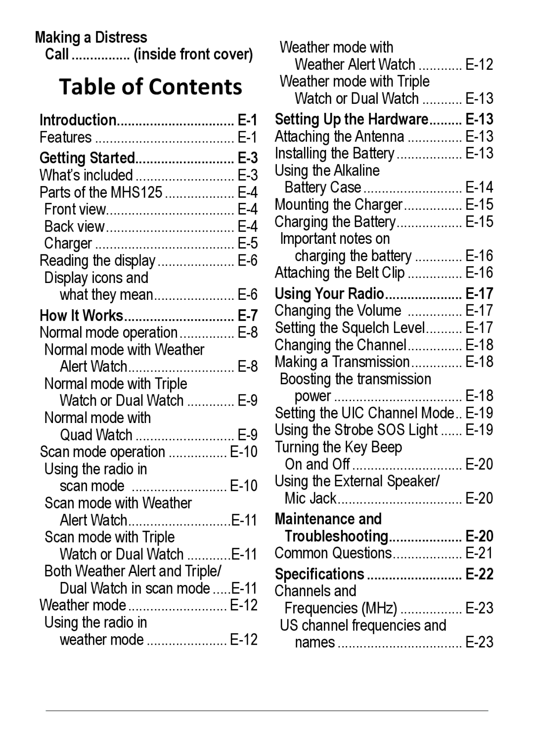 Uniden MHS125 owner manual Table of Contents 