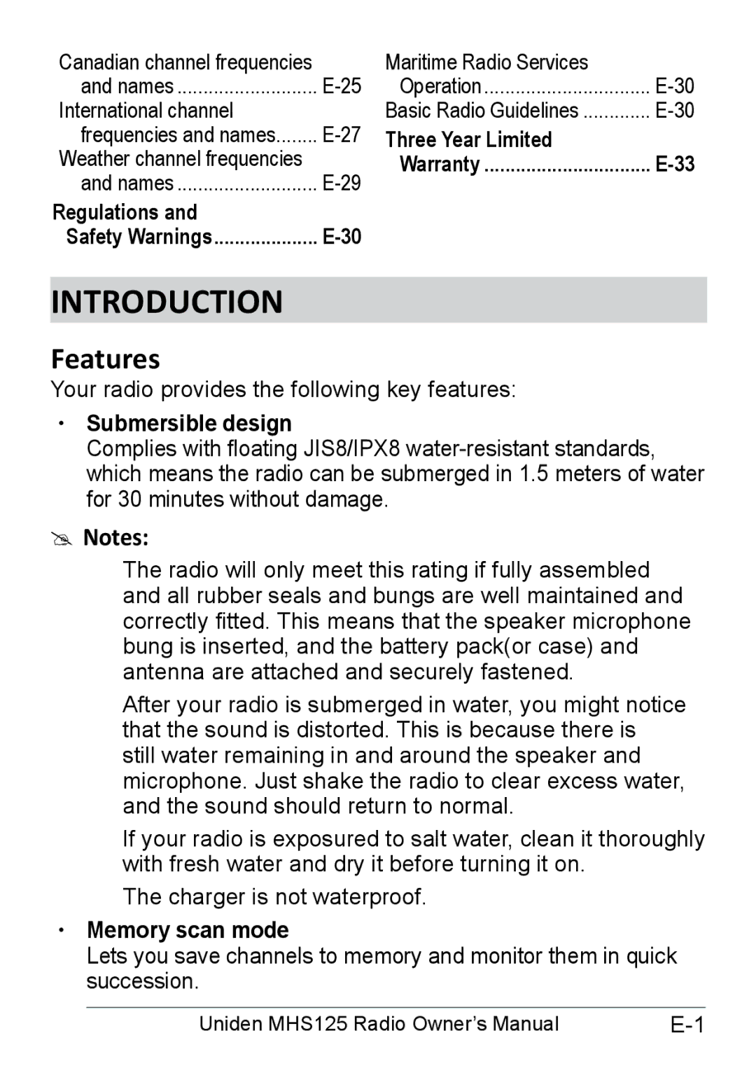 Uniden MHS125 owner manual Introduction, Features 