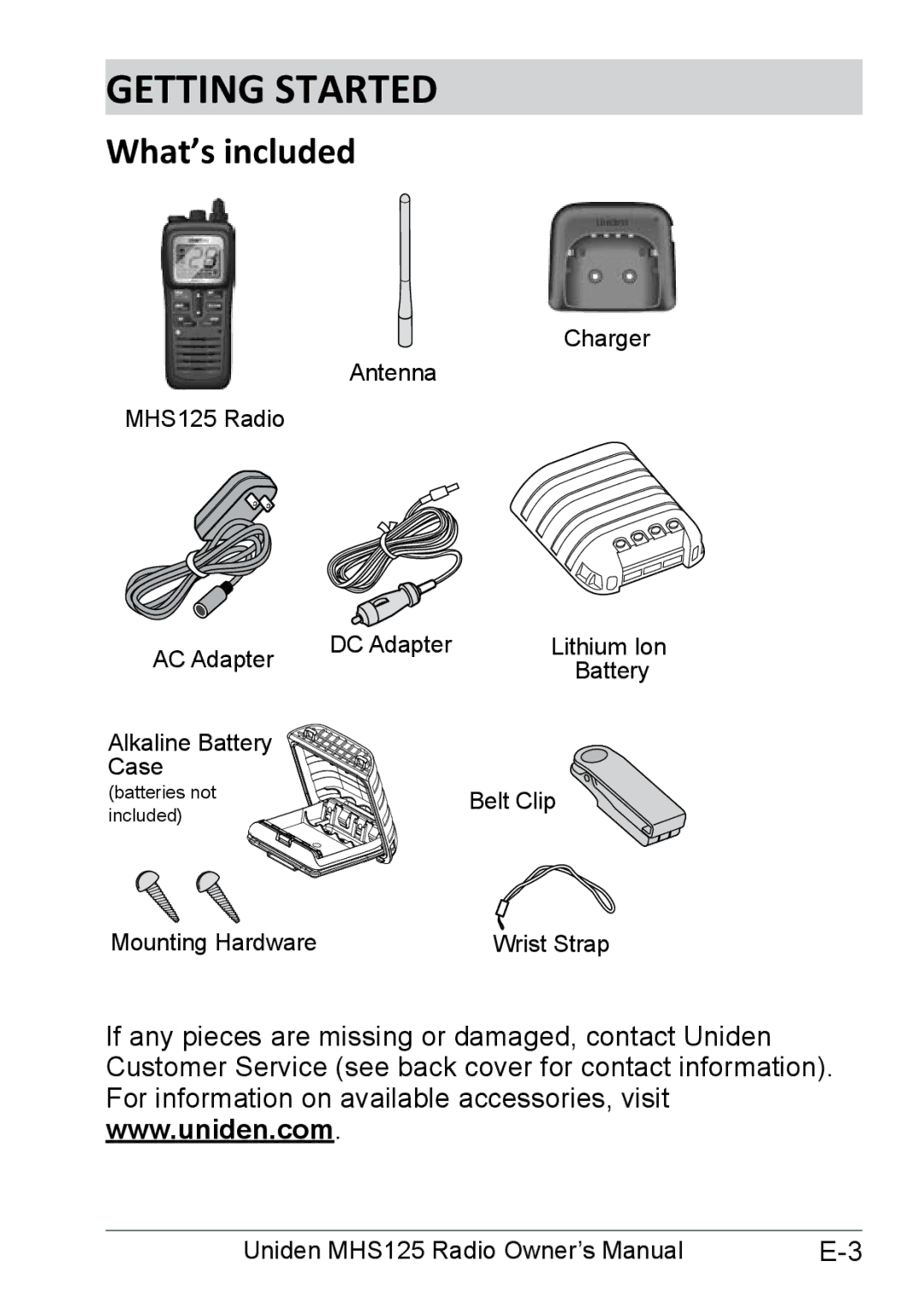 Uniden MHS125 owner manual Getting Started, What’s included 