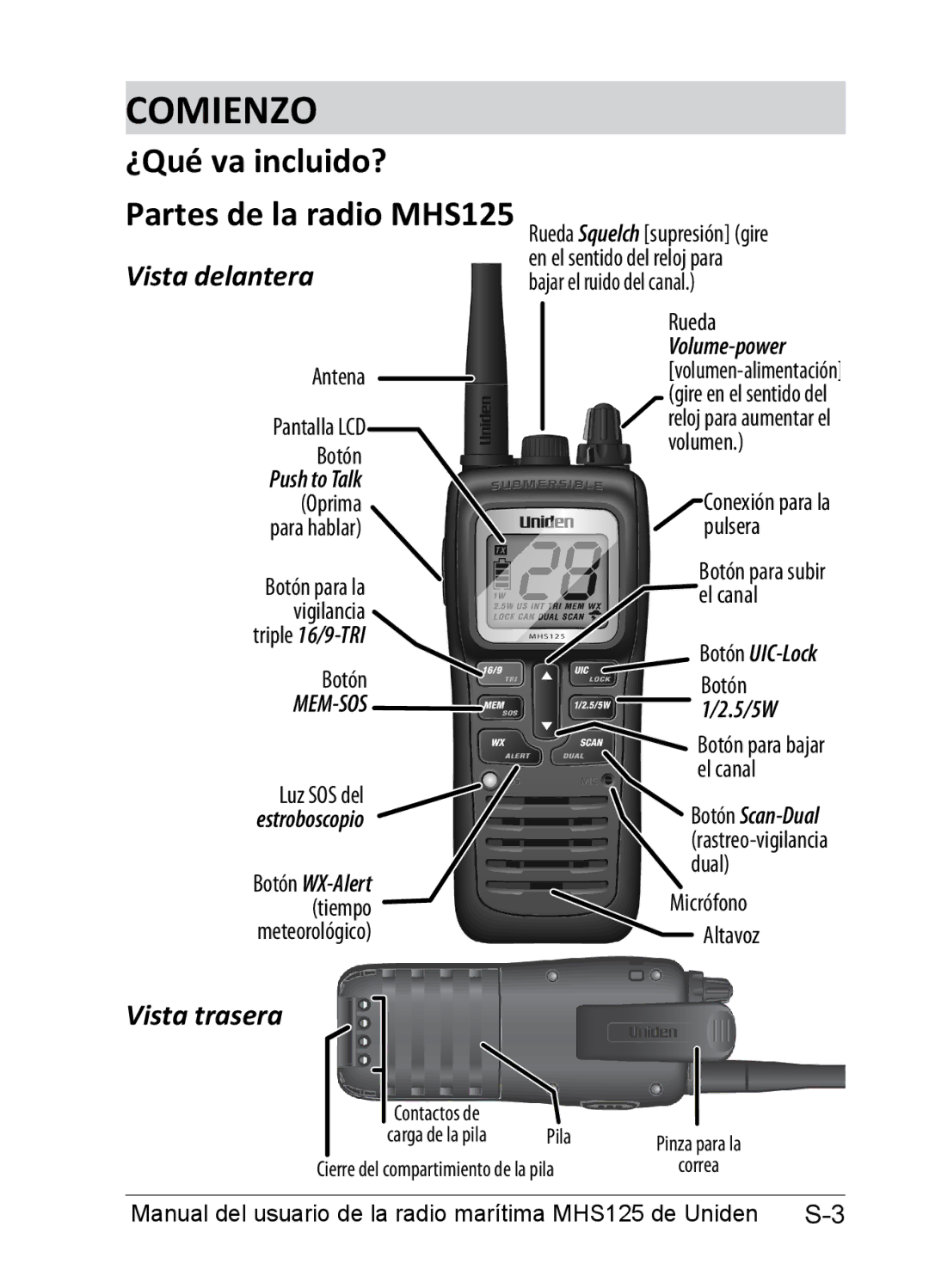 Uniden owner manual Comienzo, ¿Qué va incluido? Partes de la radio MHS125, Vista delantera, Vista trasera 