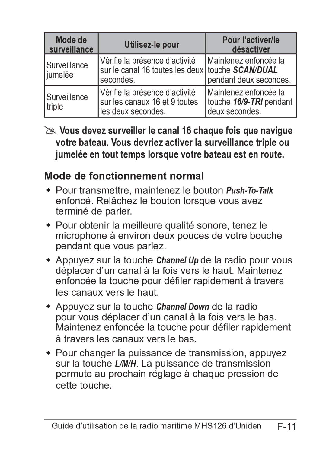 Uniden MHS126 owner manual Mode de fonctionnement normal, Touche SCAN/DUAL 