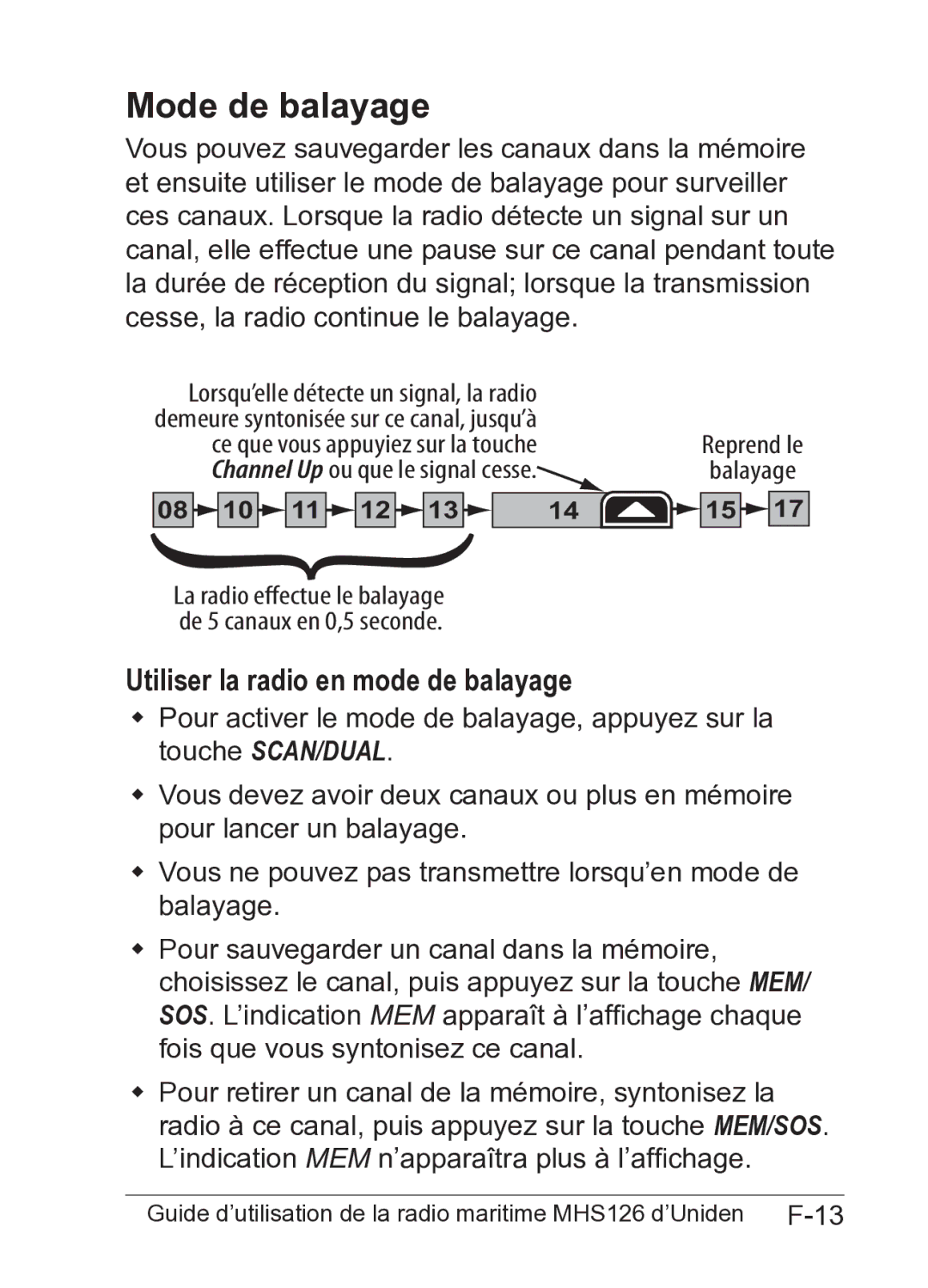 Uniden MHS126 owner manual Mode de balayage, Utiliser la radio en mode de balayage 