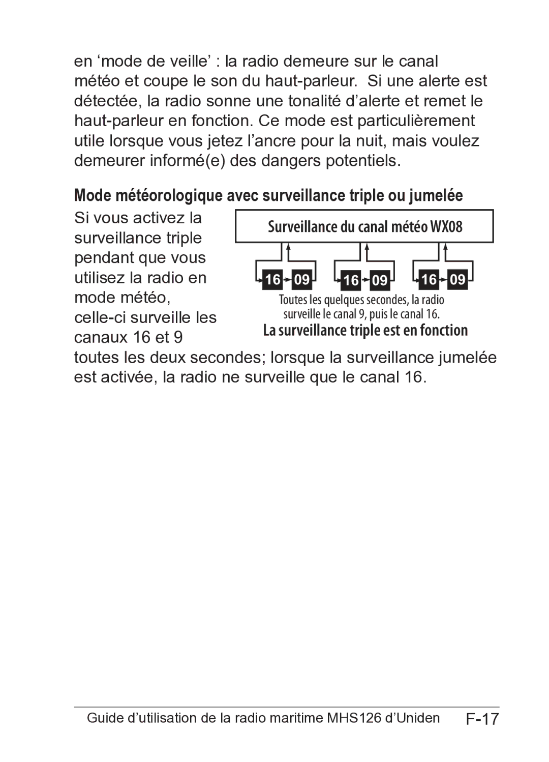 Uniden MHS126 owner manual Mode météorologique avec surveillance triple ou jumelée 