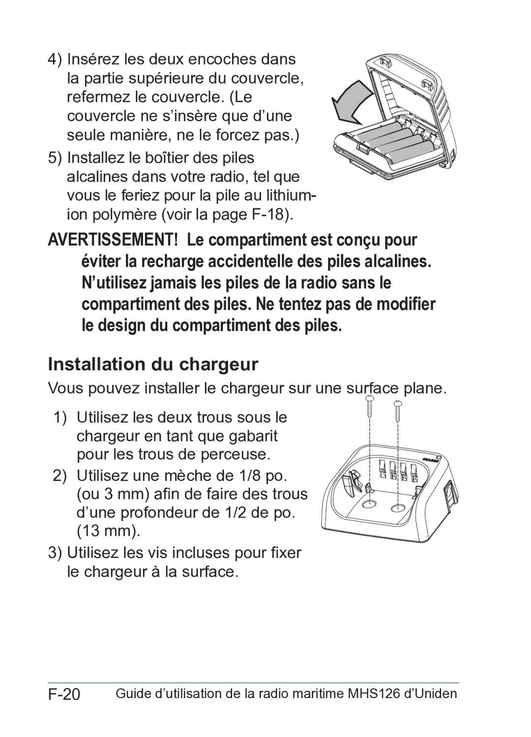 Uniden MHS126 owner manual Installation du chargeur 