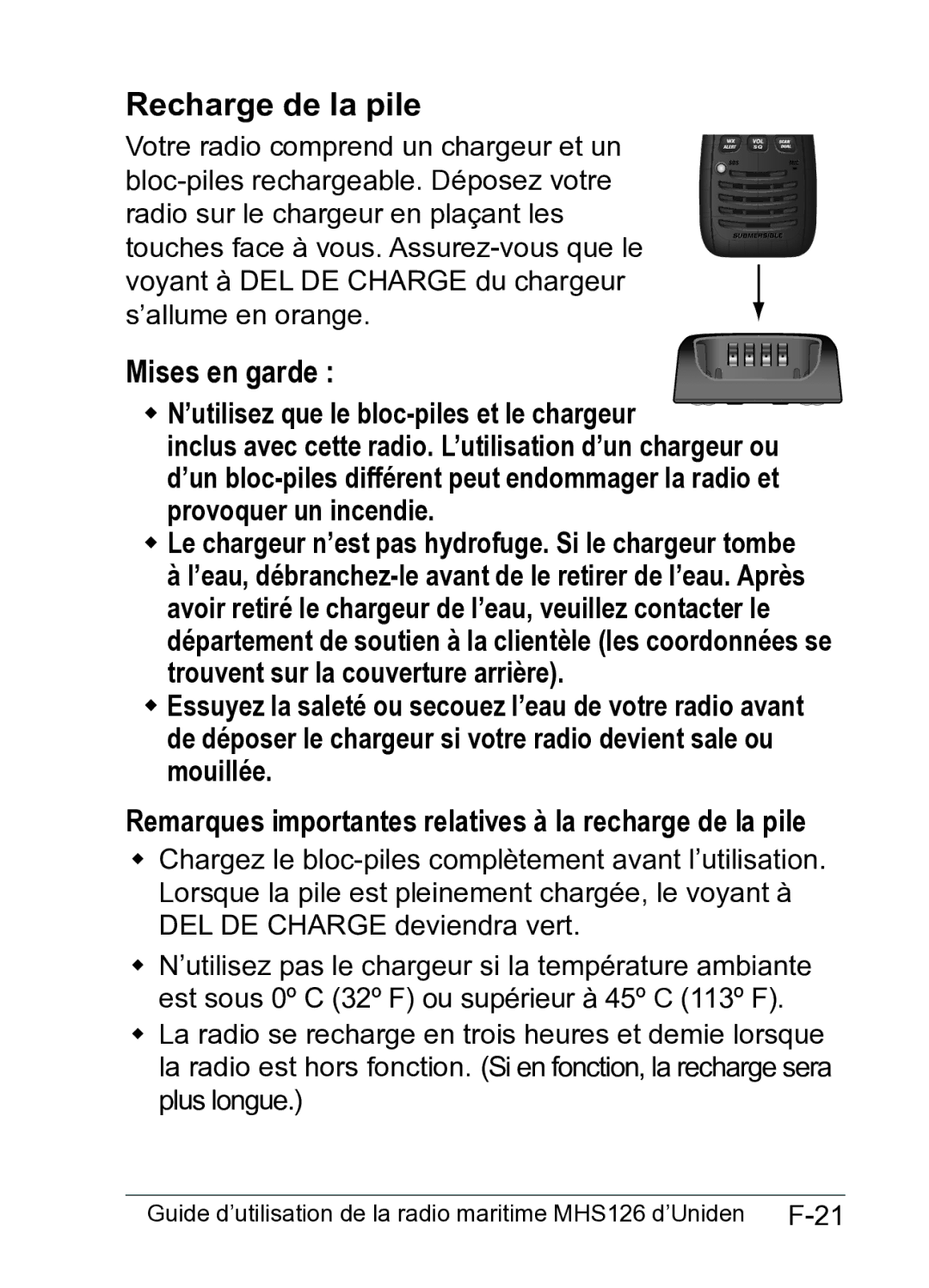 Uniden MHS126 owner manual Recharge de la pile, Remarques importantes relatives à la recharge de la pile 