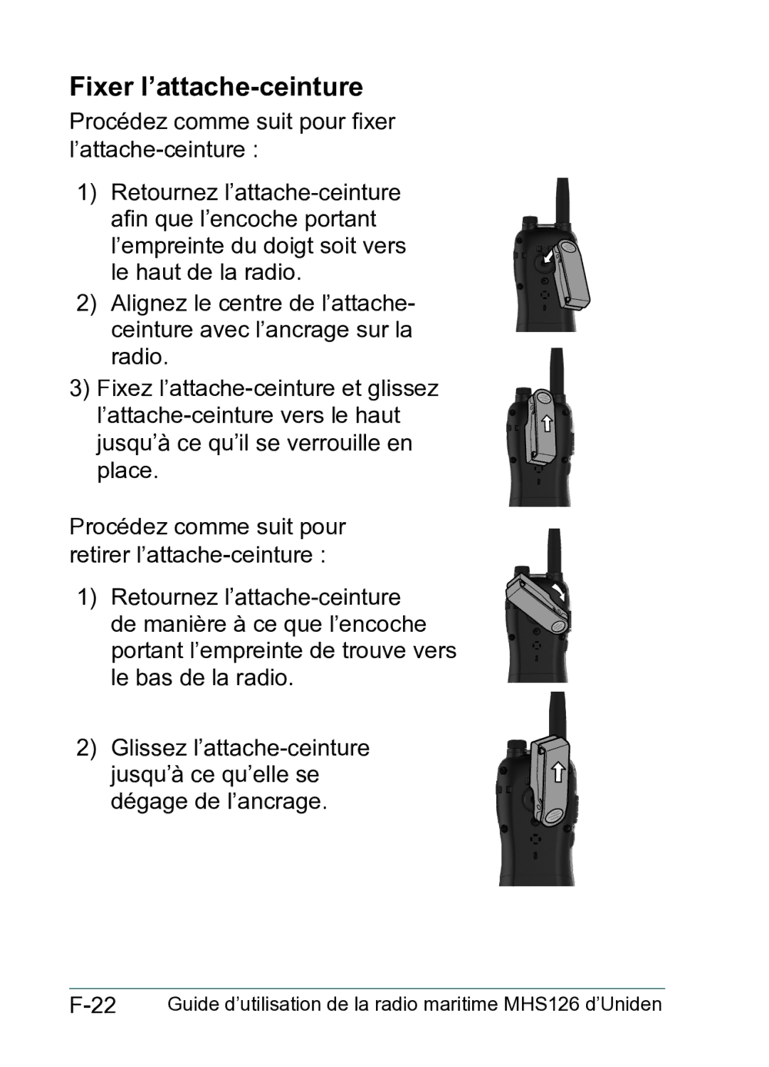 Uniden MHS126 owner manual Fixer l’attache-ceinture 