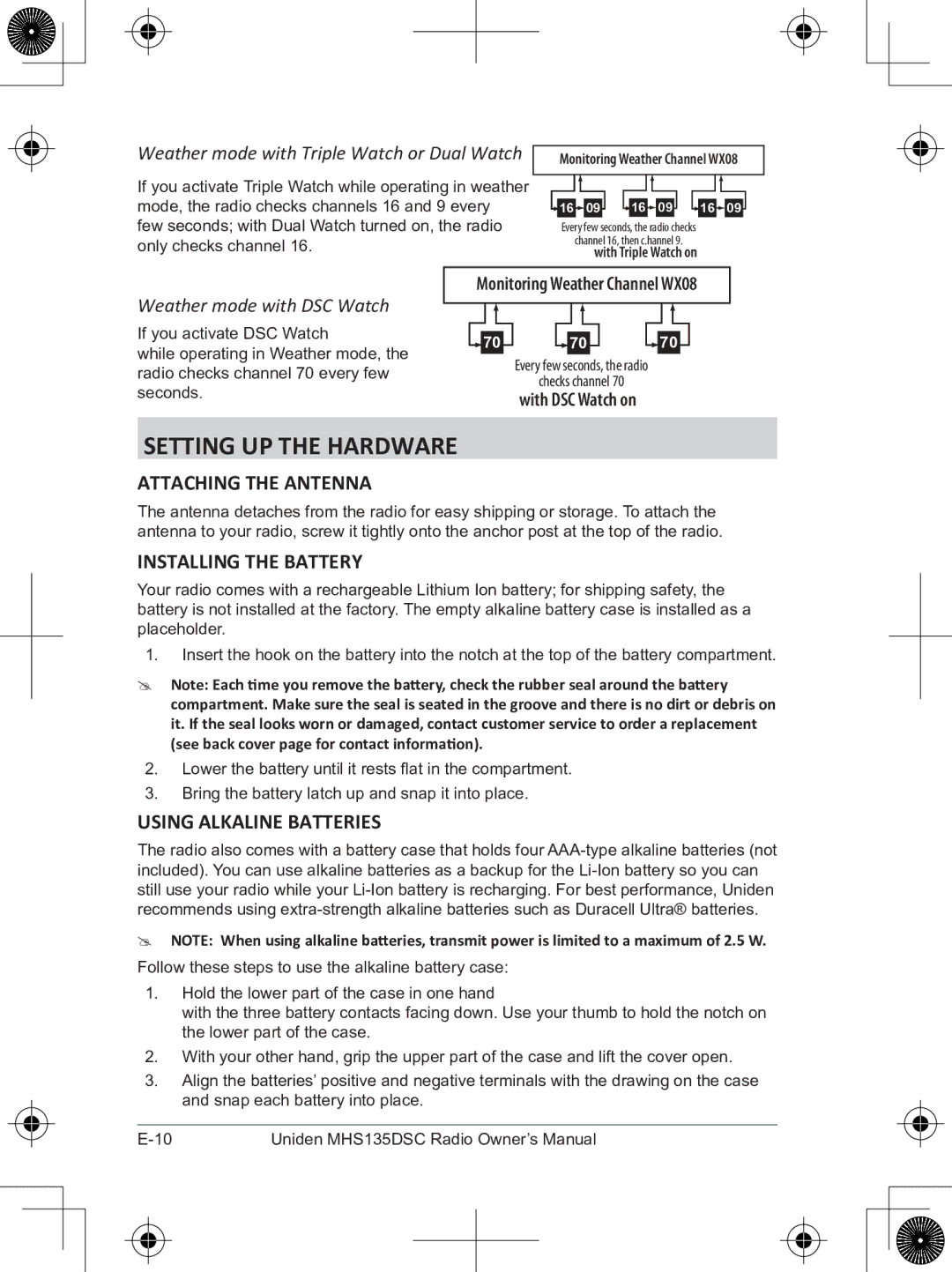 Uniden MHS135DSC Setting Up the Hardware, Attaching the Antenna, Installing the Battery, Using Alkaline Batteries 