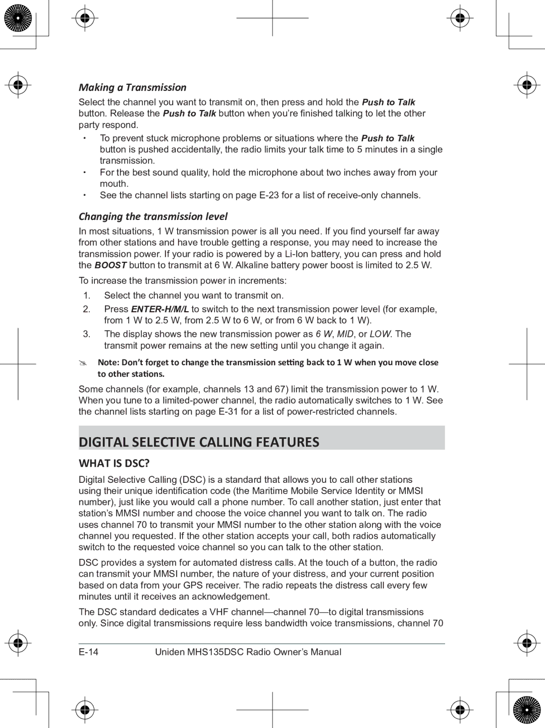 Uniden MHS135DSC Digital Selective Calling Features, What is DSC?, Making a Transmission, Changing the transmission level 