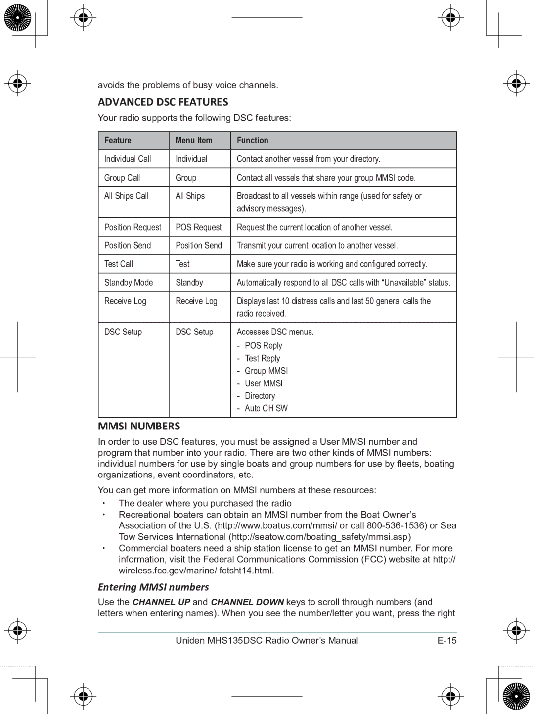 Uniden MHS135DSC owner manual Advanced DSC features, Mmsi Numbers, Entering Mmsi numbers, Feature Menu Item Function 