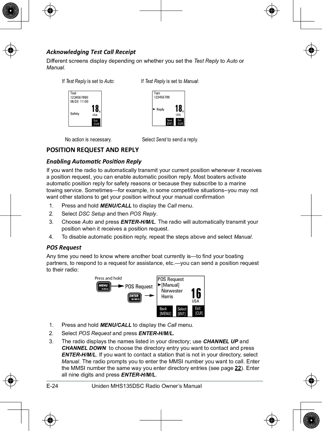 Uniden MHS135DSC Position Request and Reply, Acknowledging Test Call Receipt, Enabling Automatic Position Reply 