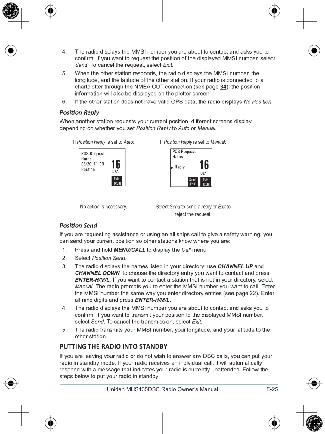 Uniden MHS135DSC owner manual Putting the radio into standby, Position Reply, Position Send 