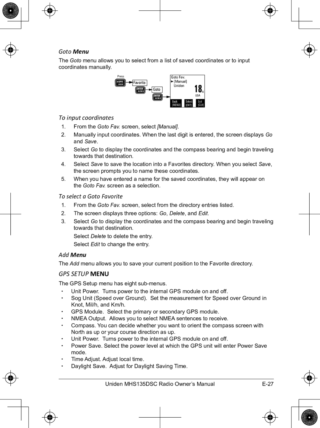 Uniden MHS135DSC owner manual GPS Setup Menu 