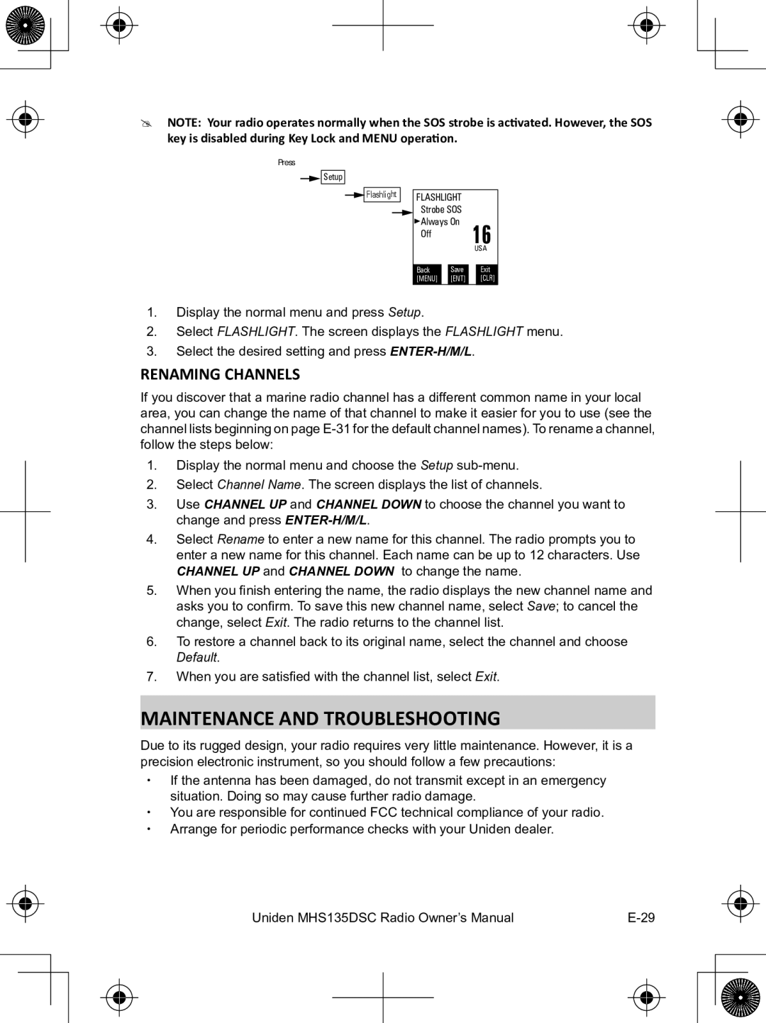 Uniden MHS135DSC owner manual Maintenance and Troubleshooting, Renaming Channels 