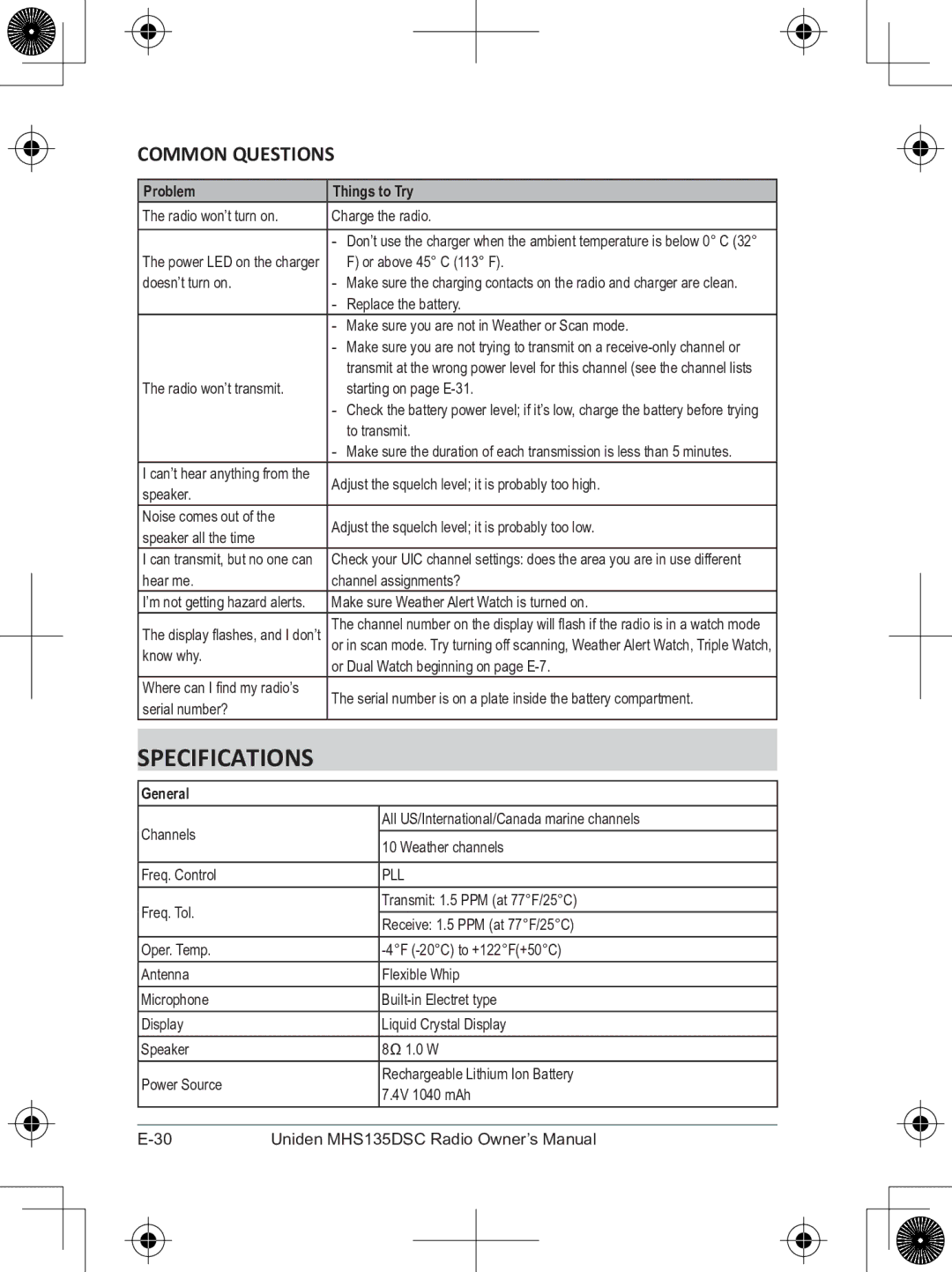 Uniden MHS135DSC owner manual Specifications, Common Questions, Problem Things to Try, General 