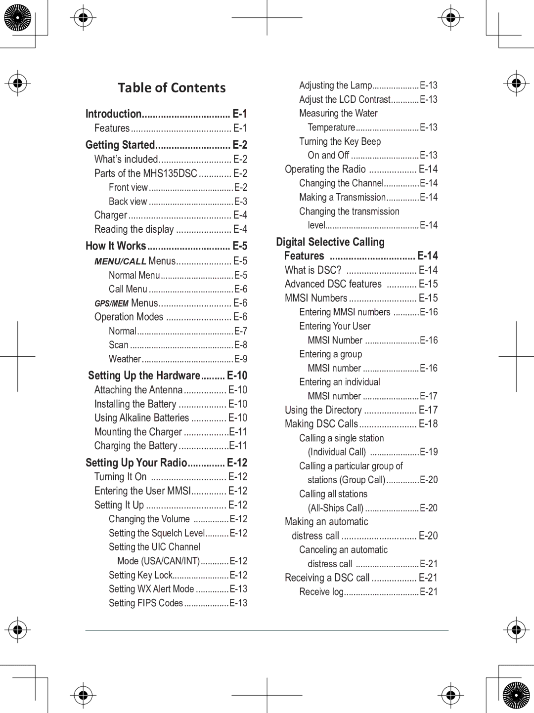 Uniden MHS135DSC owner manual Table of Contents 