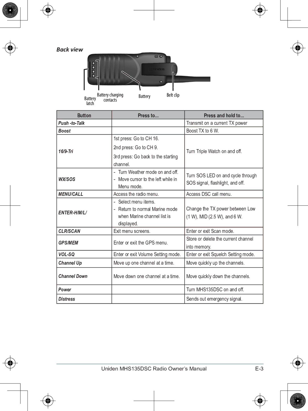 Uniden MHS135DSC owner manual Back view, Button Press to Press and hold to 