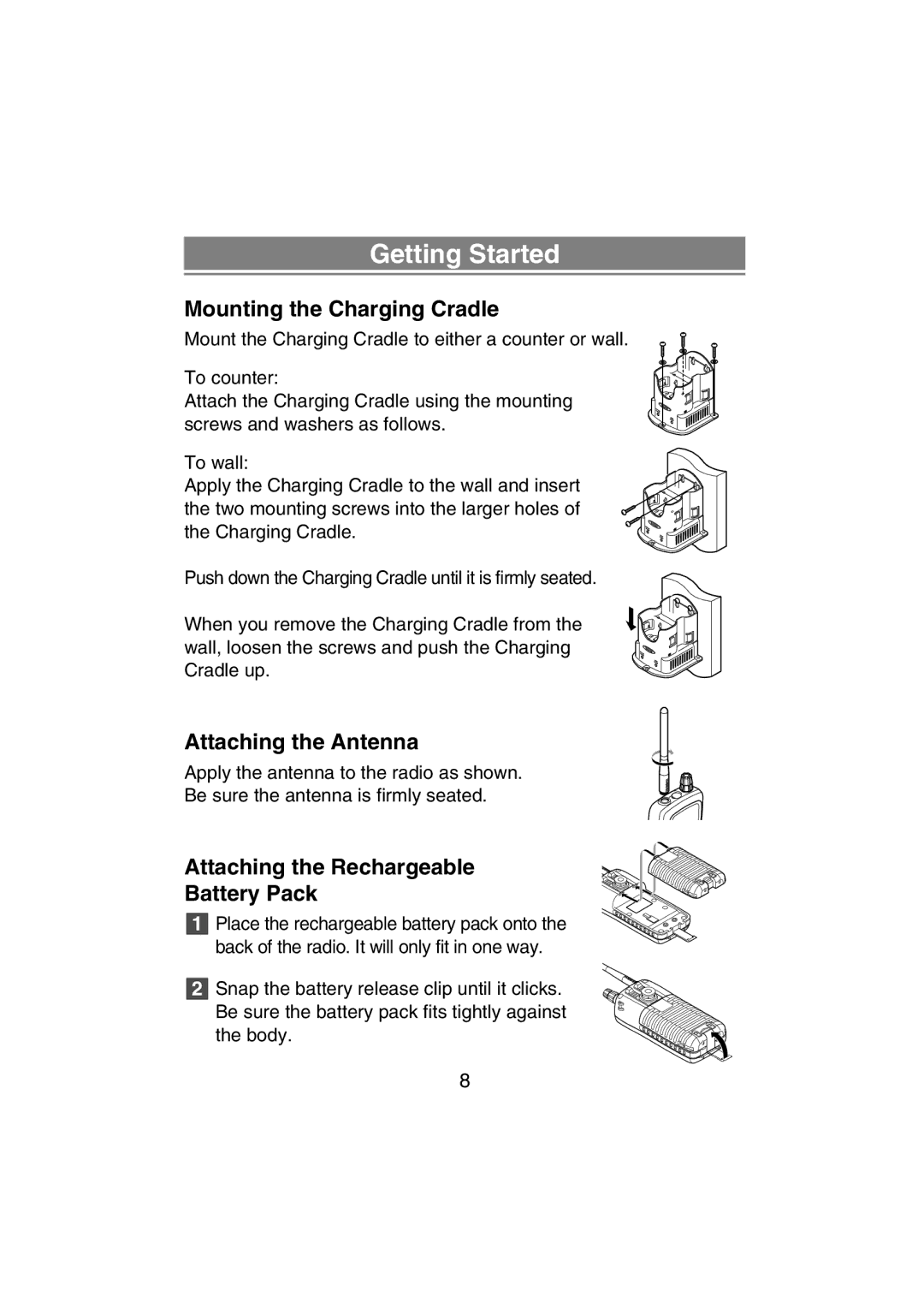 Uniden MHS350 manual Getting Started, Mounting the Charging Cradle, Attaching the Antenna 