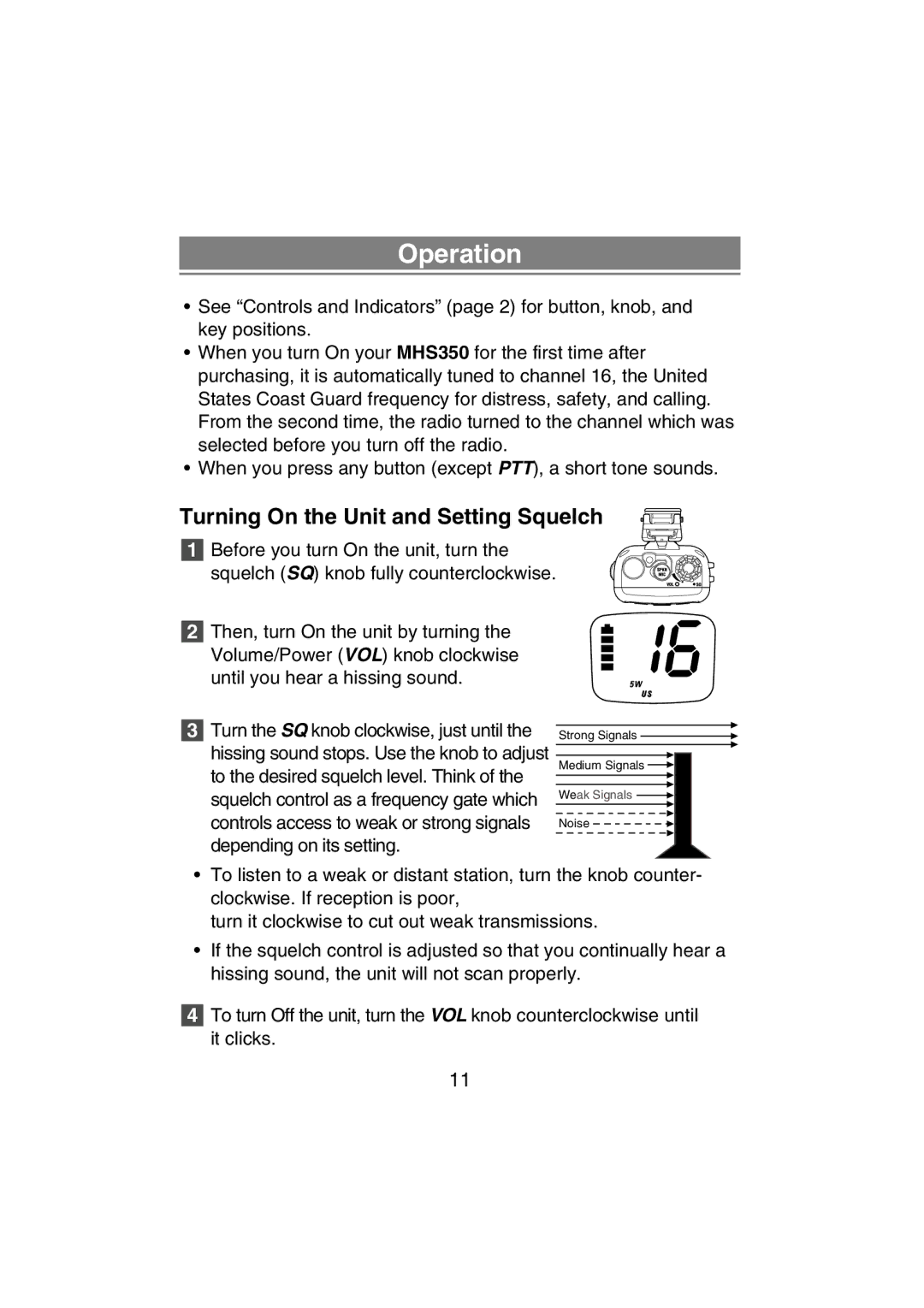 Uniden MHS350 manual Operation, Turning On the Unit and Setting Squelch 