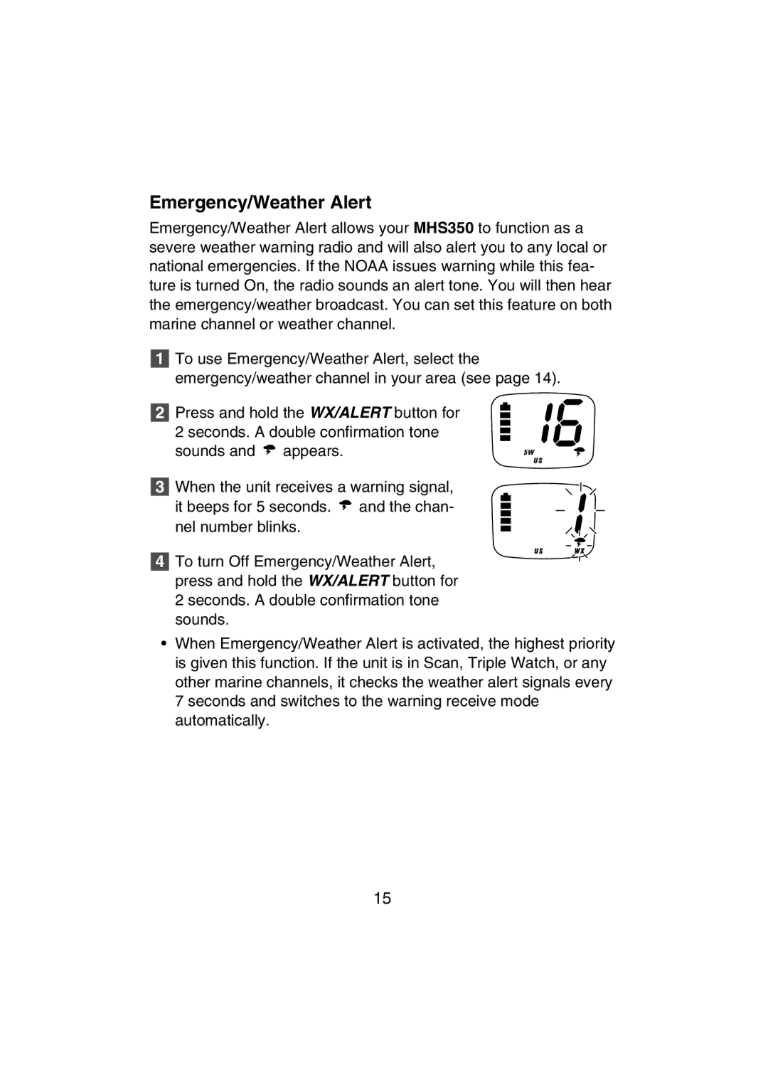 Uniden MHS350 manual Emergency/Weather Alert 