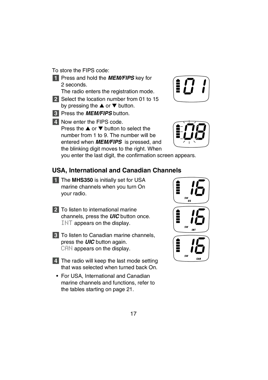 Uniden MHS350 manual USA, International and Canadian Channels 