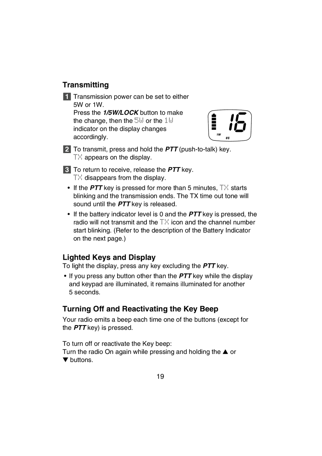 Uniden MHS350 manual Transmitting, Lighted Keys and Display, Turning Off and Reactivating the Key Beep 