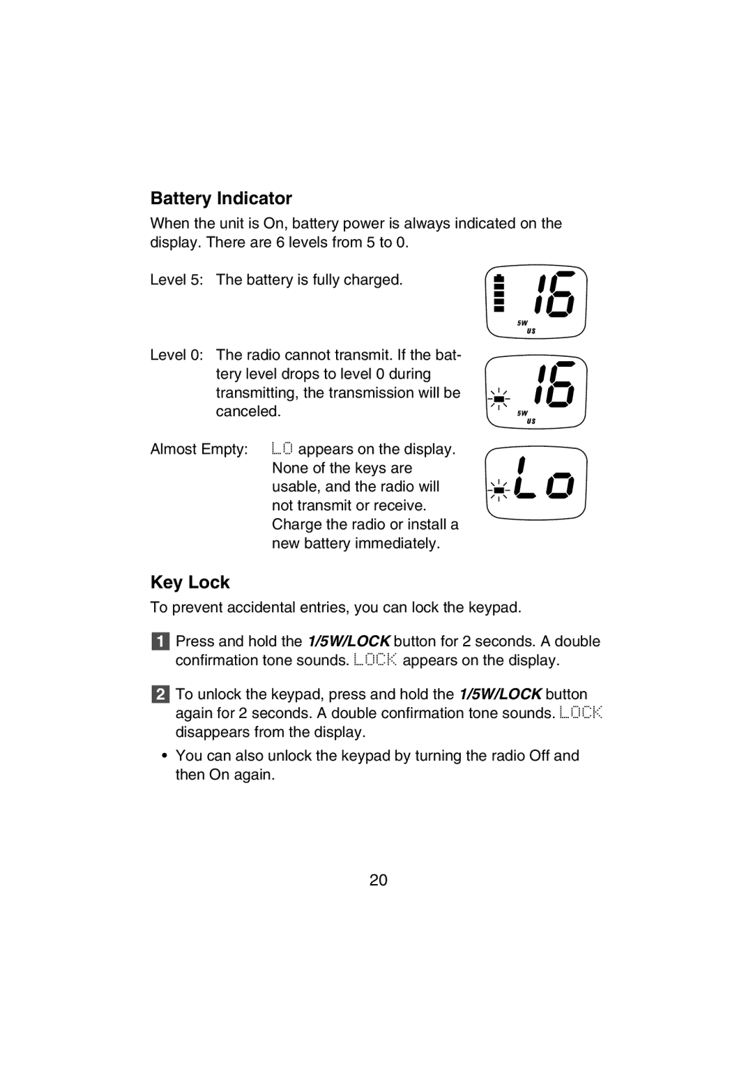 Uniden MHS350 manual Battery Indicator, Key Lock 