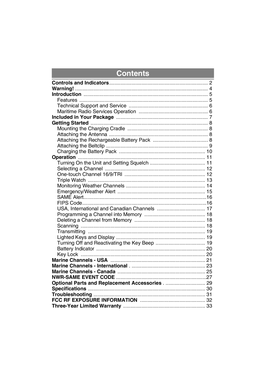 Uniden MHS350 manual Contents 