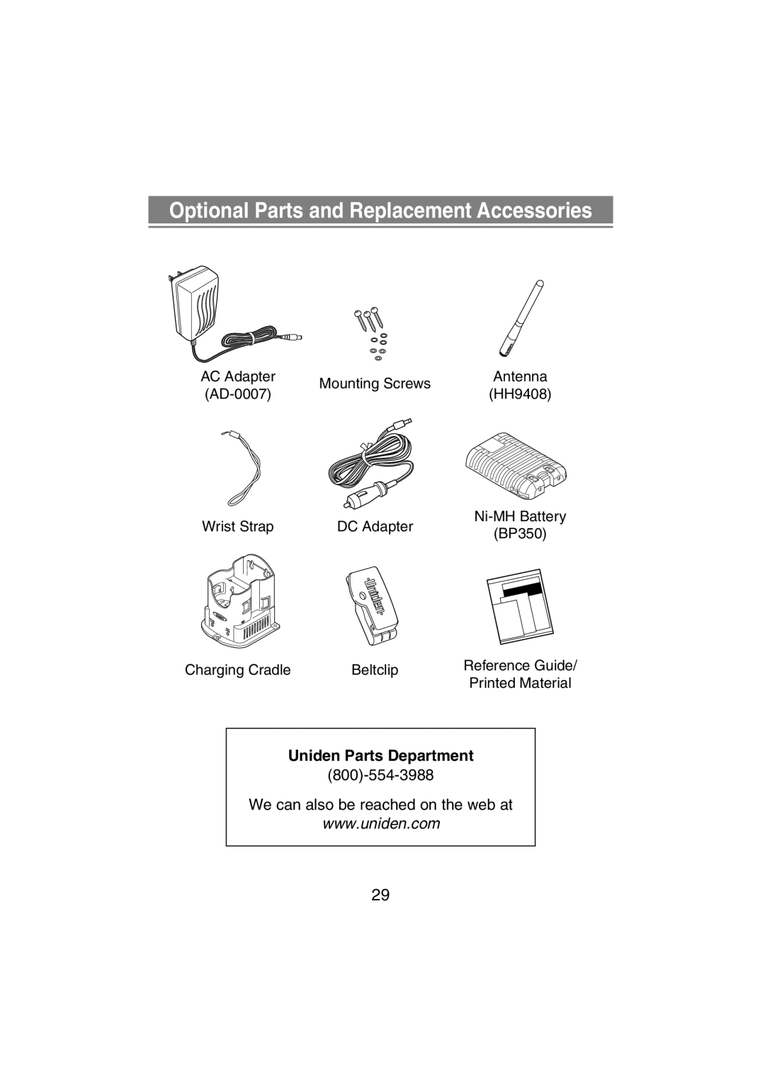 Uniden MHS350 manual Optional Parts and Replacement Accessories 