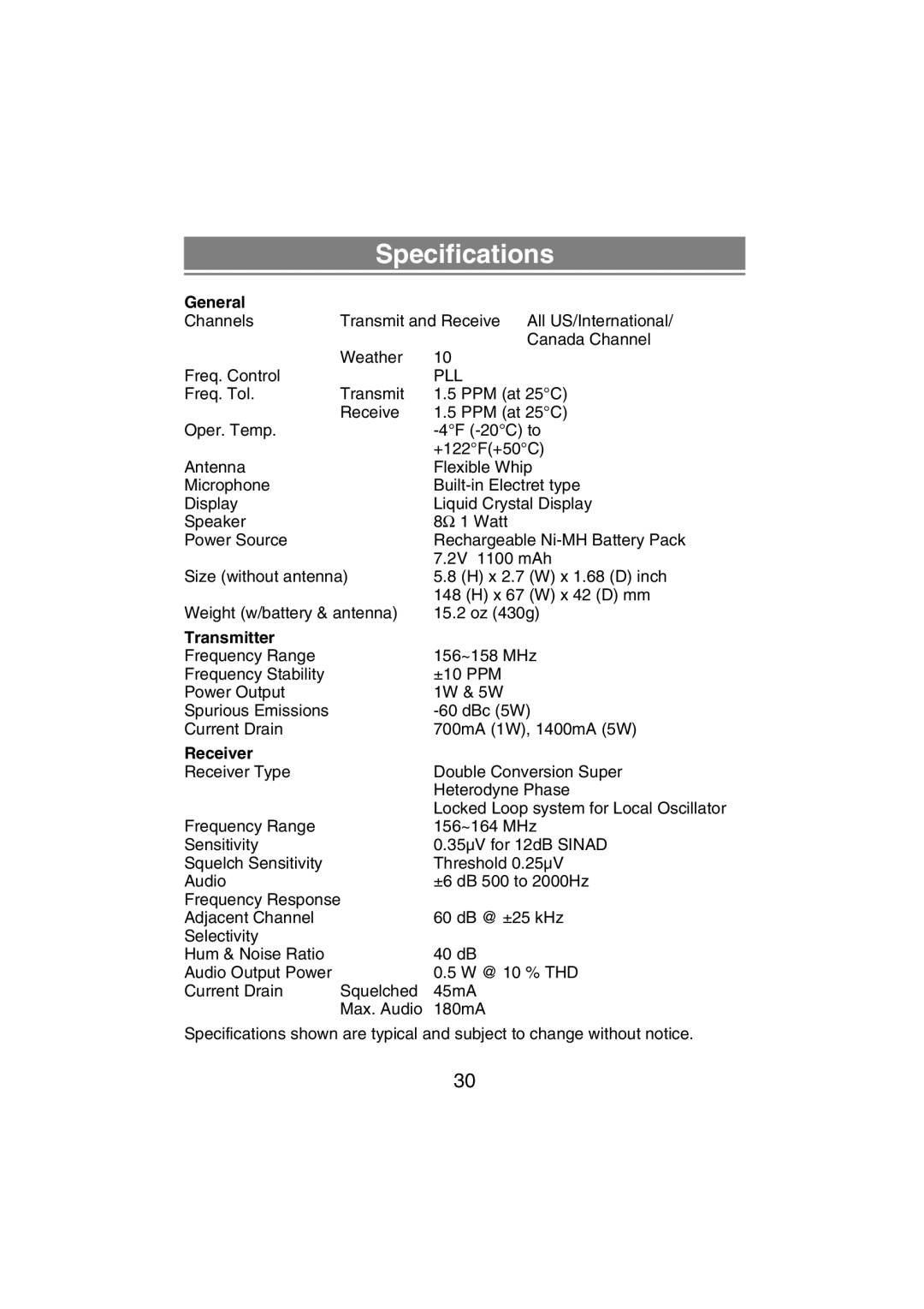 Uniden MHS350 manual Specifications, General 