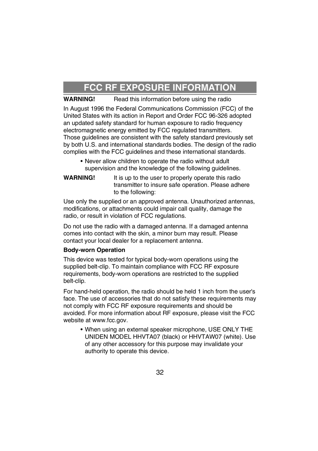 Uniden MHS350 manual FCC RF Exposure Information 