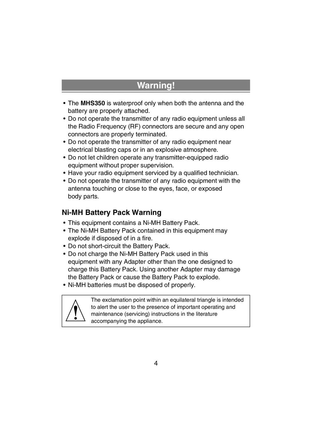 Uniden MHS350 manual Ni-MH Battery Pack Warning 