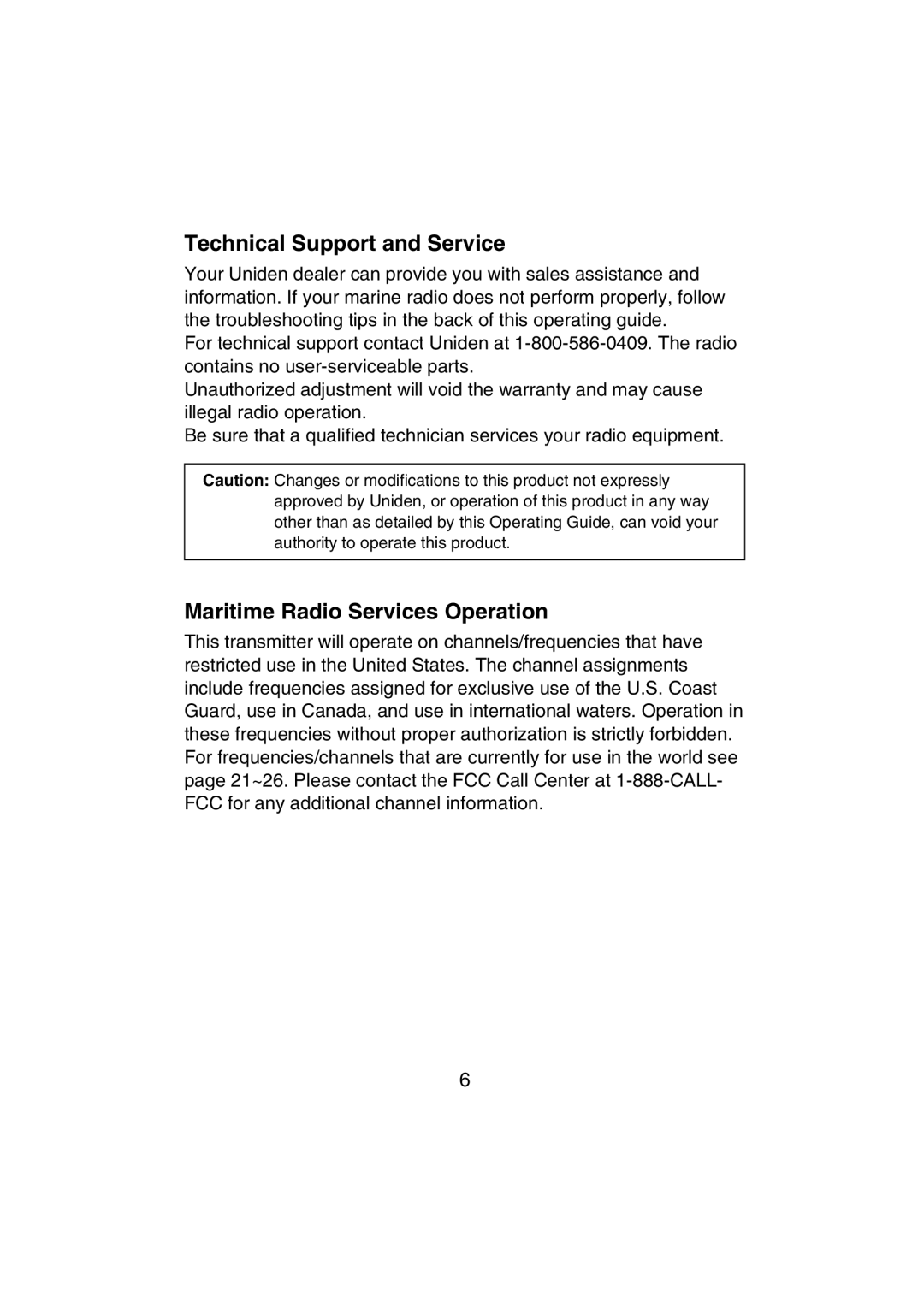 Uniden MHS350 manual Technical Support and Service, Maritime Radio Services Operation 