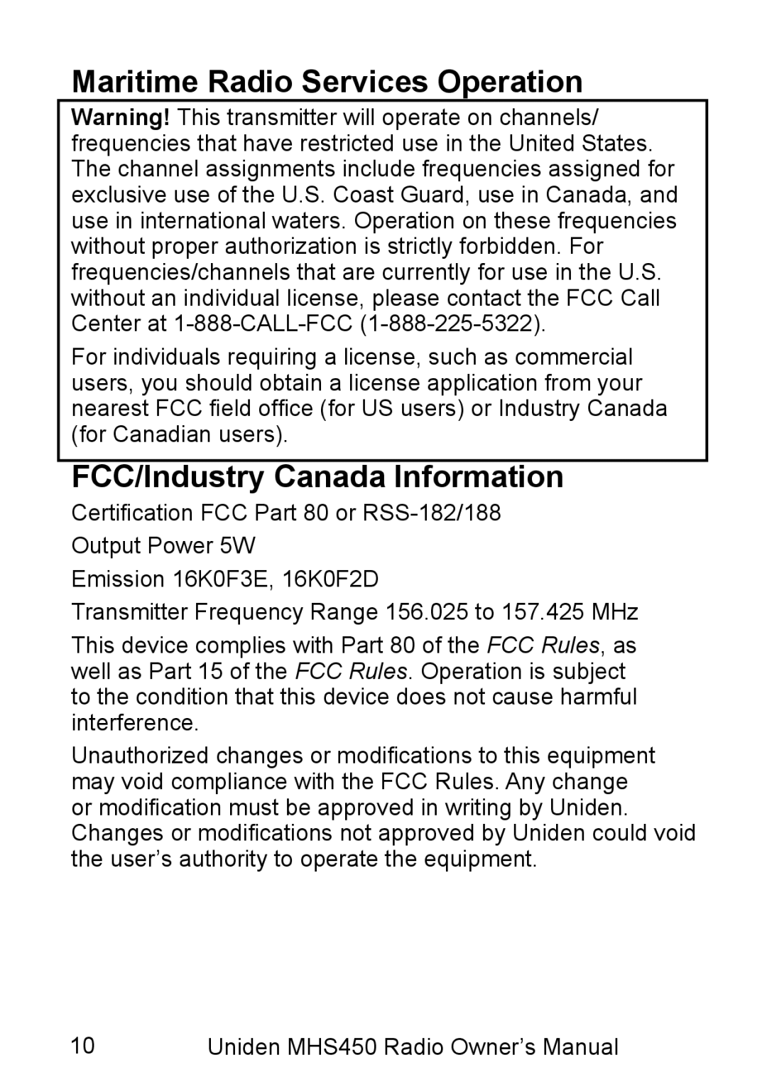 Uniden MHS450 owner manual Maritime Radio Services Operation, FCC/Industry Canada Information 