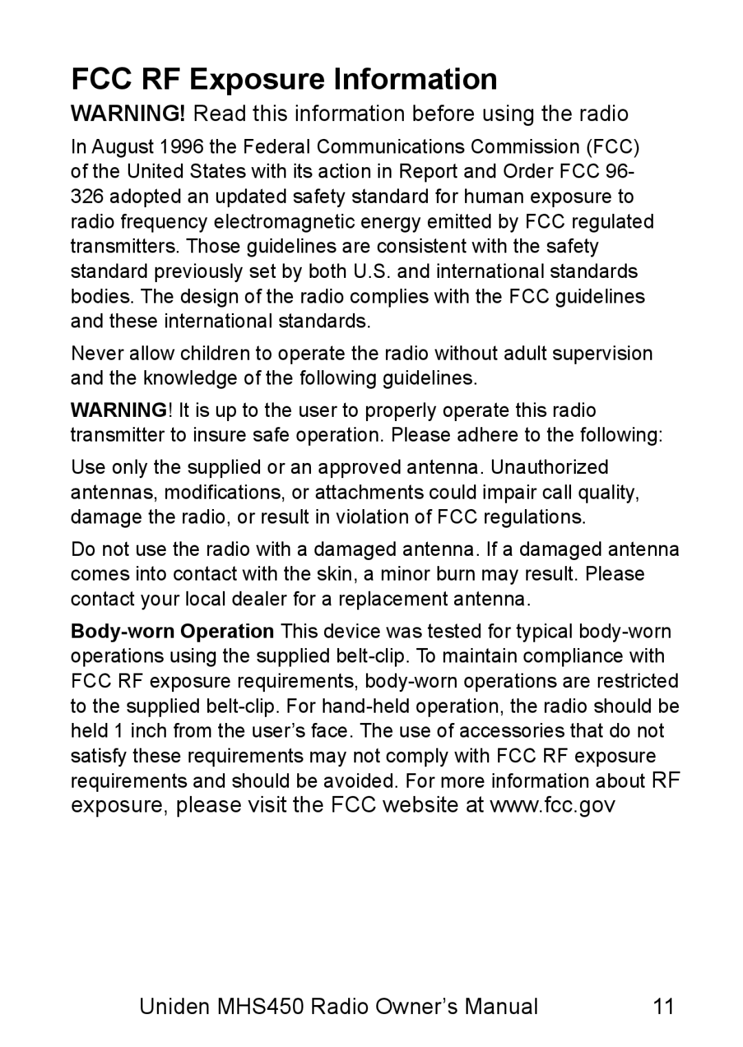 Uniden MHS450 owner manual FCC RF Exposure Information 