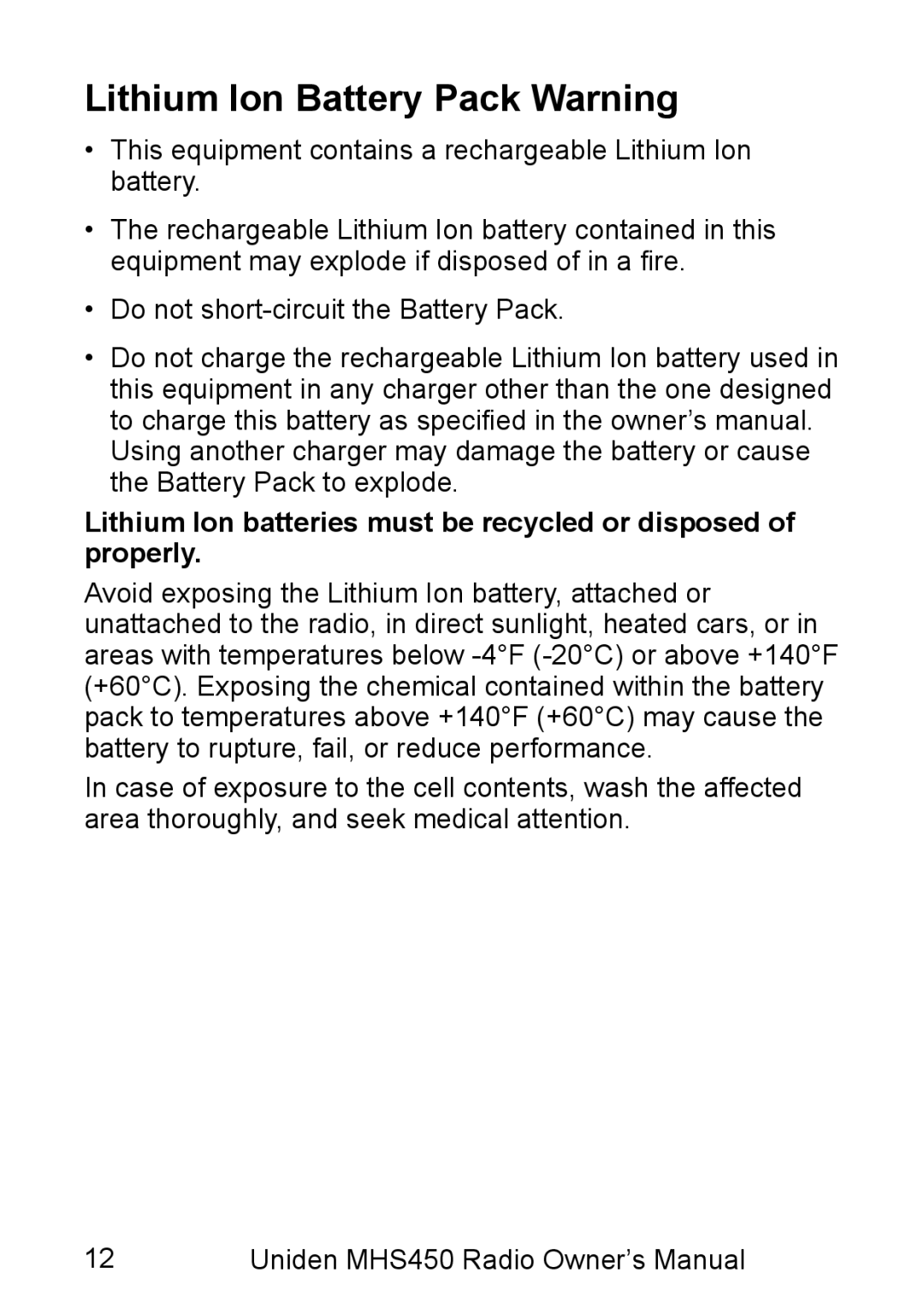 Uniden MHS450 owner manual Lithium Ion Battery Pack Warning 