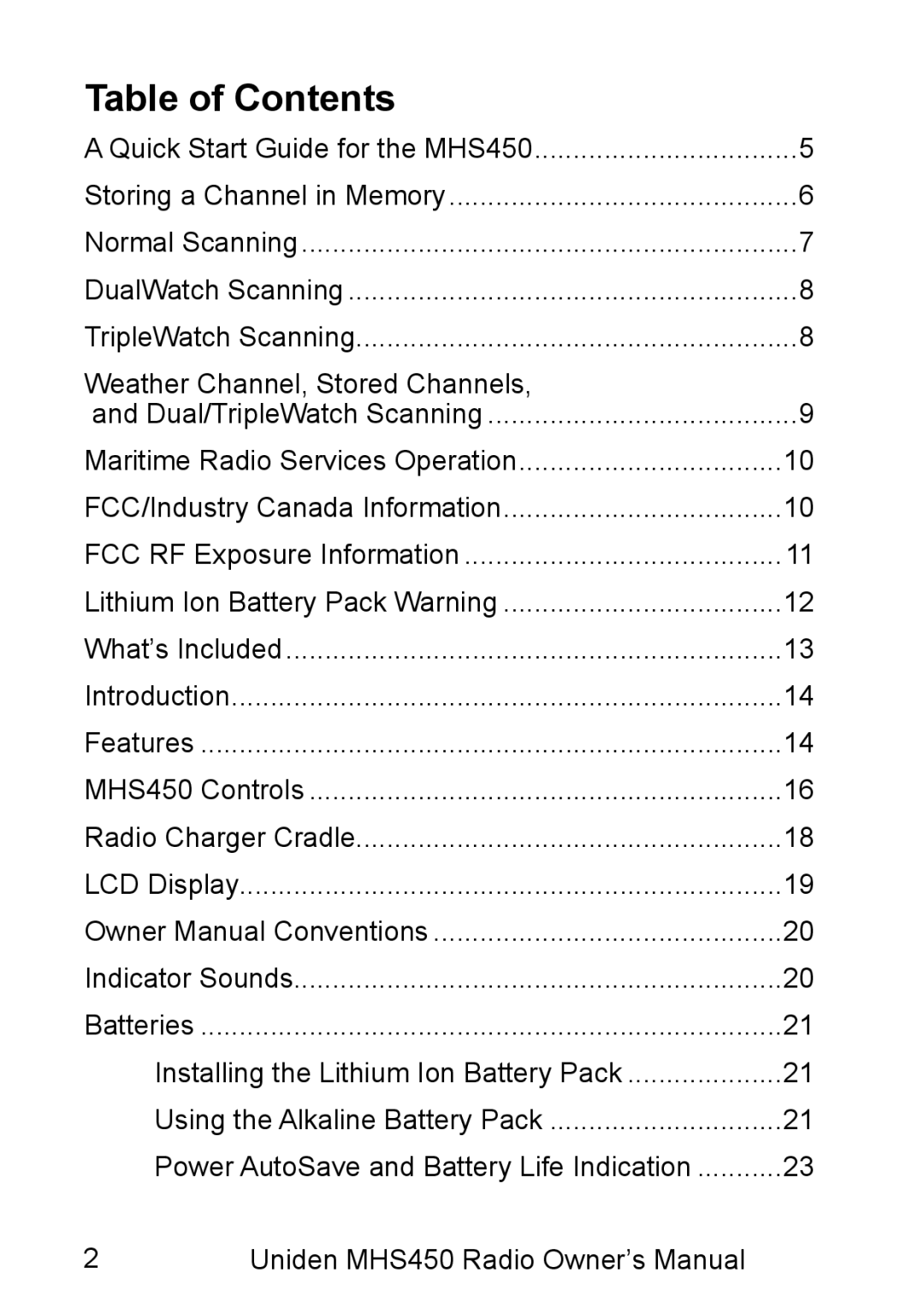 Uniden MHS450 owner manual Table of Contents 