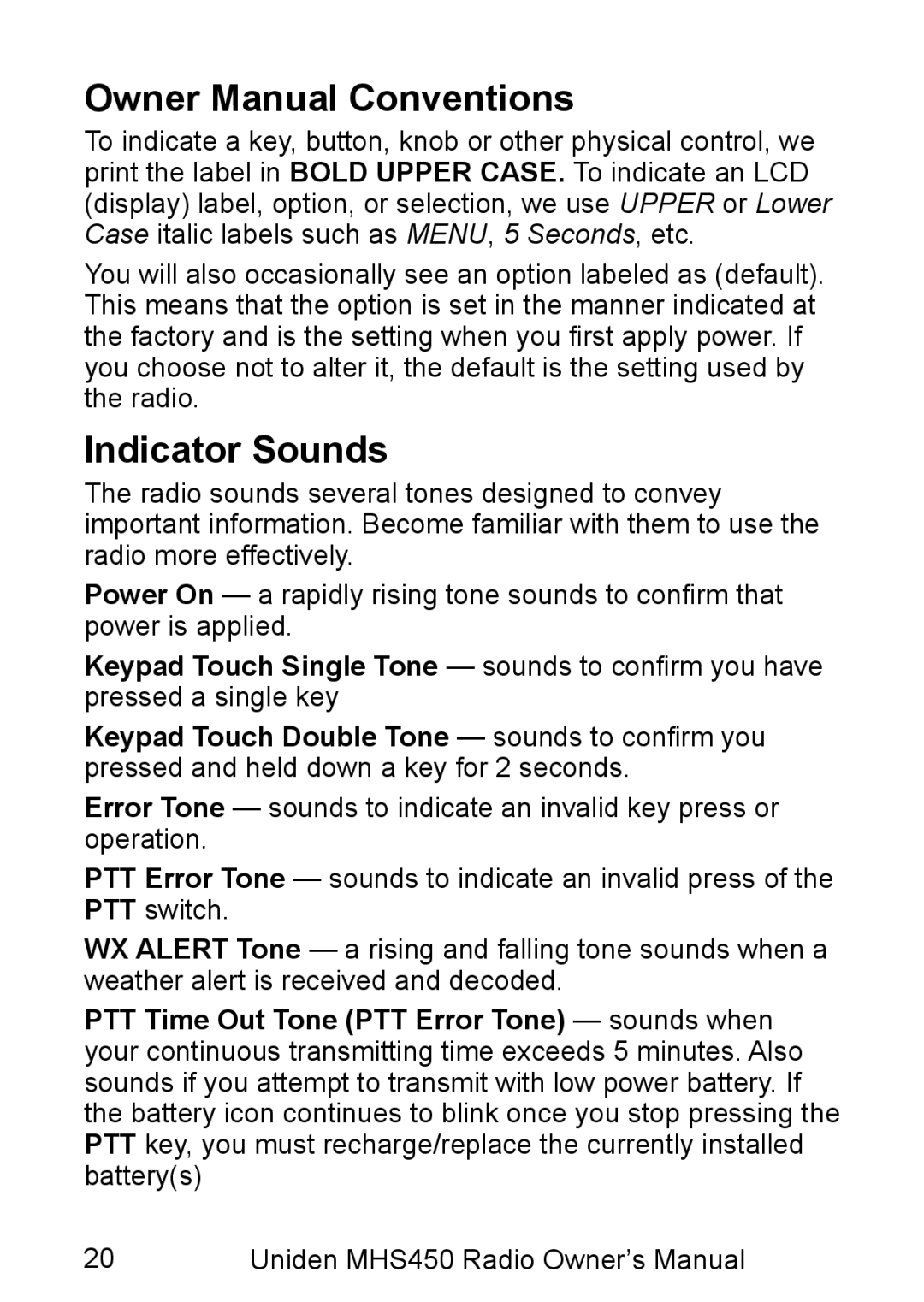Uniden MHS450 owner manual Owner Manual Conventions, Indicator Sounds 