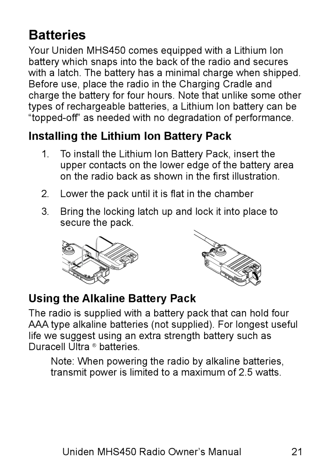 Uniden MHS450 owner manual Batteries, Installing the Lithium Ion Battery Pack 