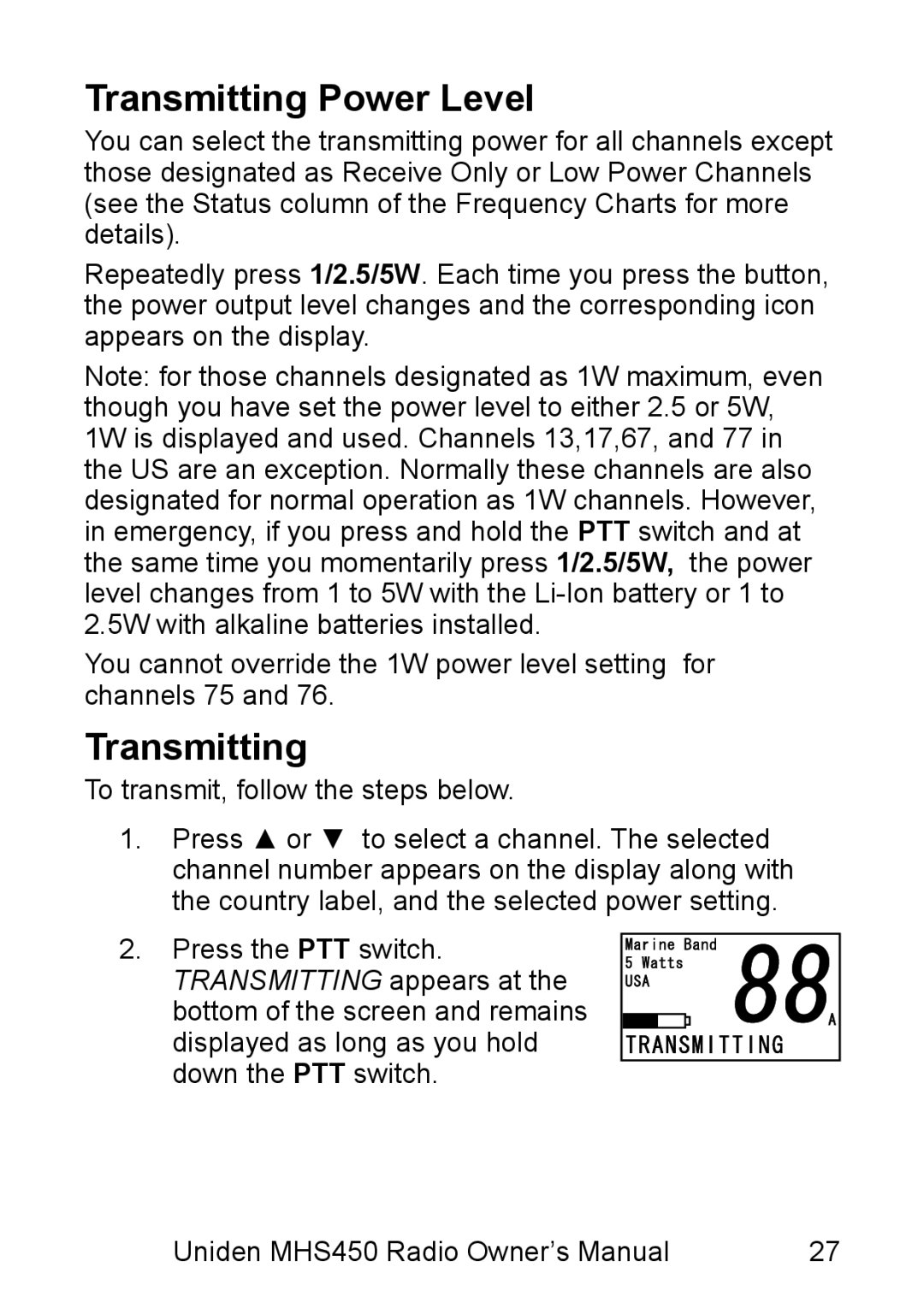 Uniden MHS450 owner manual Transmitting Power Level 