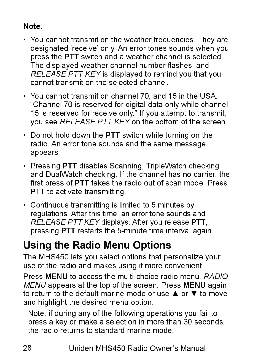 Uniden MHS450 owner manual Using the Radio Menu Options 