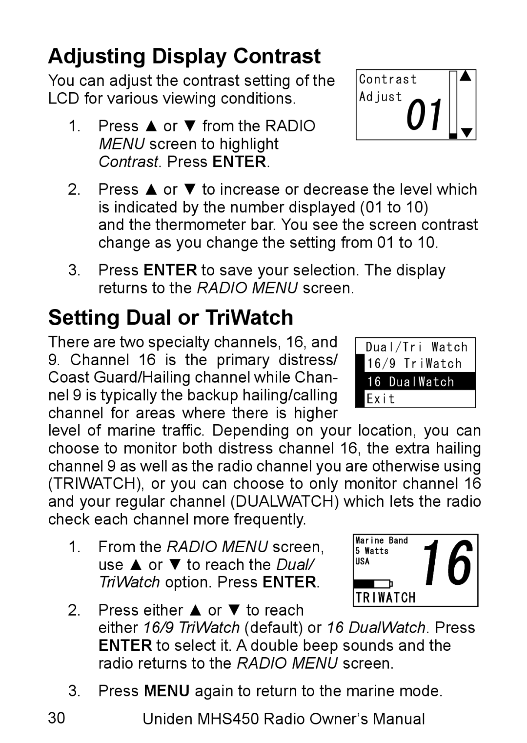 Uniden MHS450 owner manual Adjusting Display Contrast, Setting Dual or TriWatch 