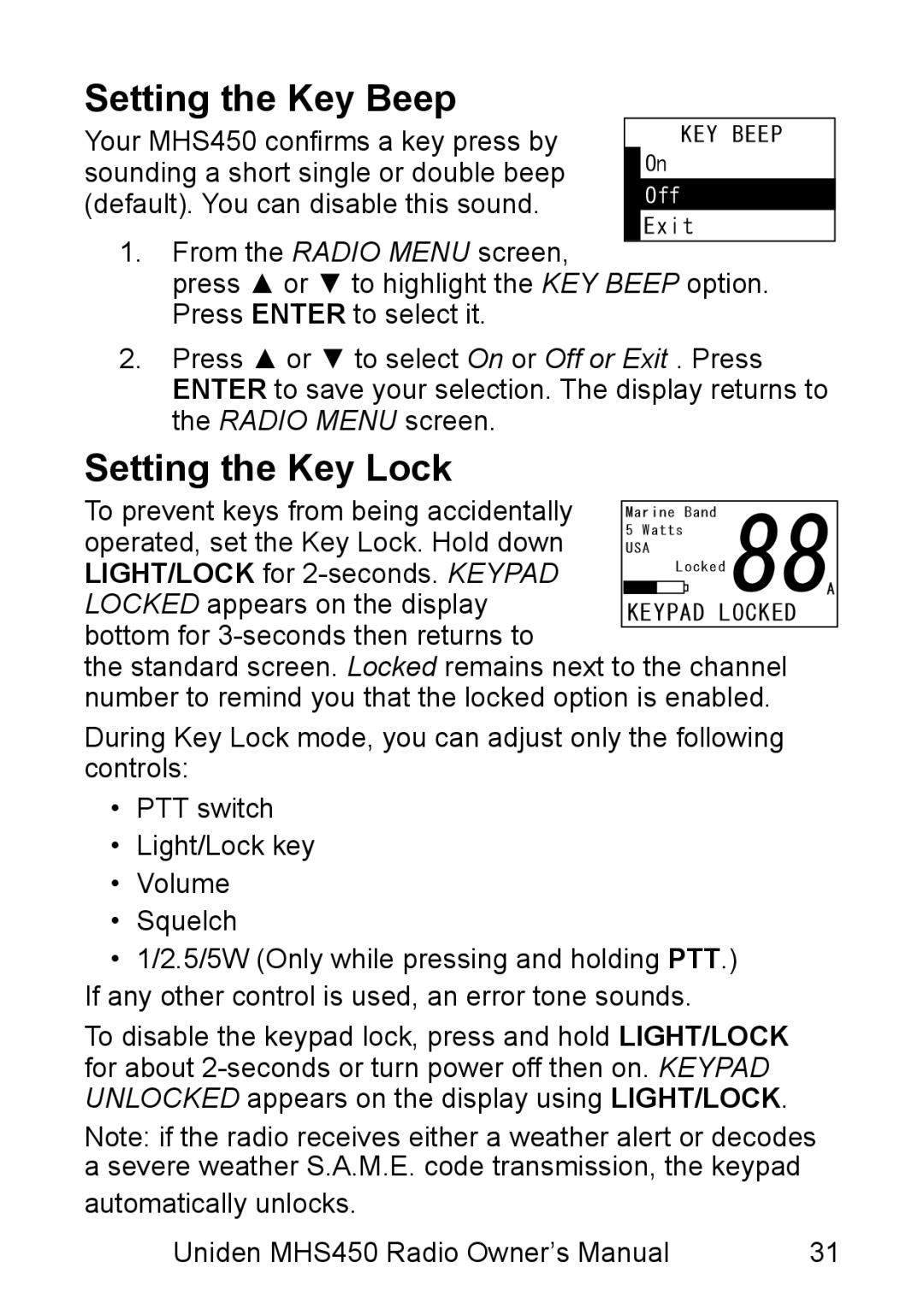 Uniden MHS450 owner manual Setting the Key Beep, Setting the Key Lock 