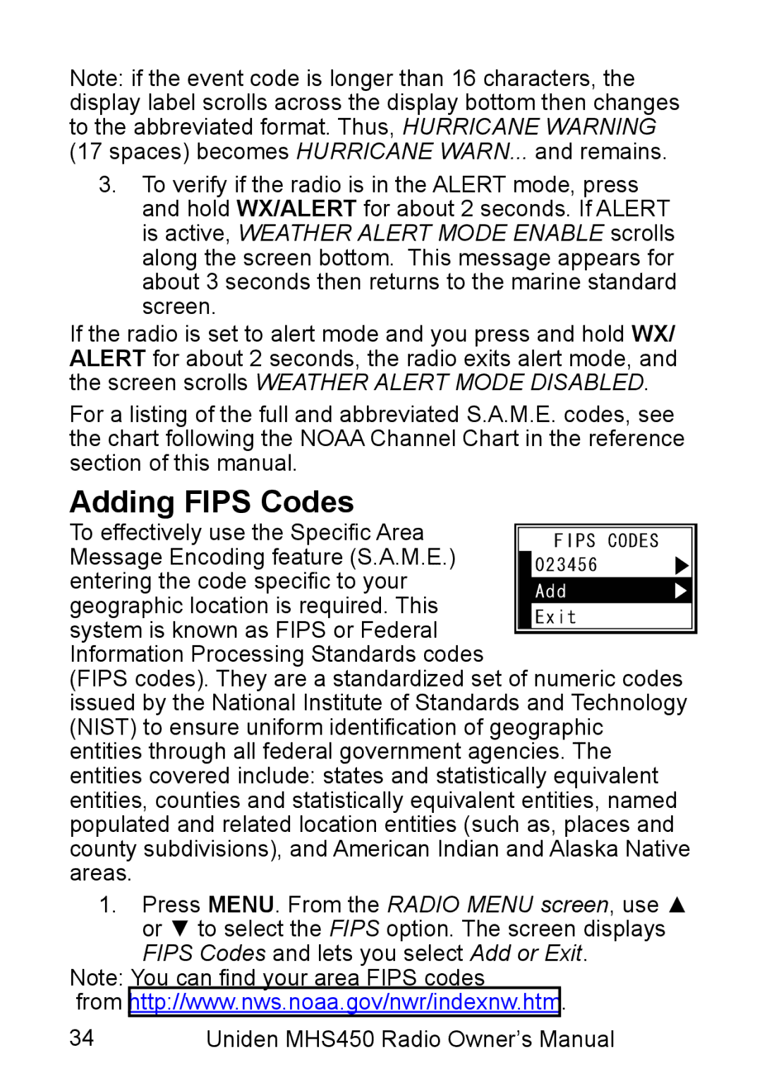 Uniden MHS450 owner manual Adding Fips Codes 