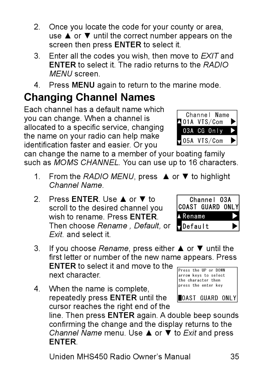 Uniden MHS450 owner manual Changing Channel Names 