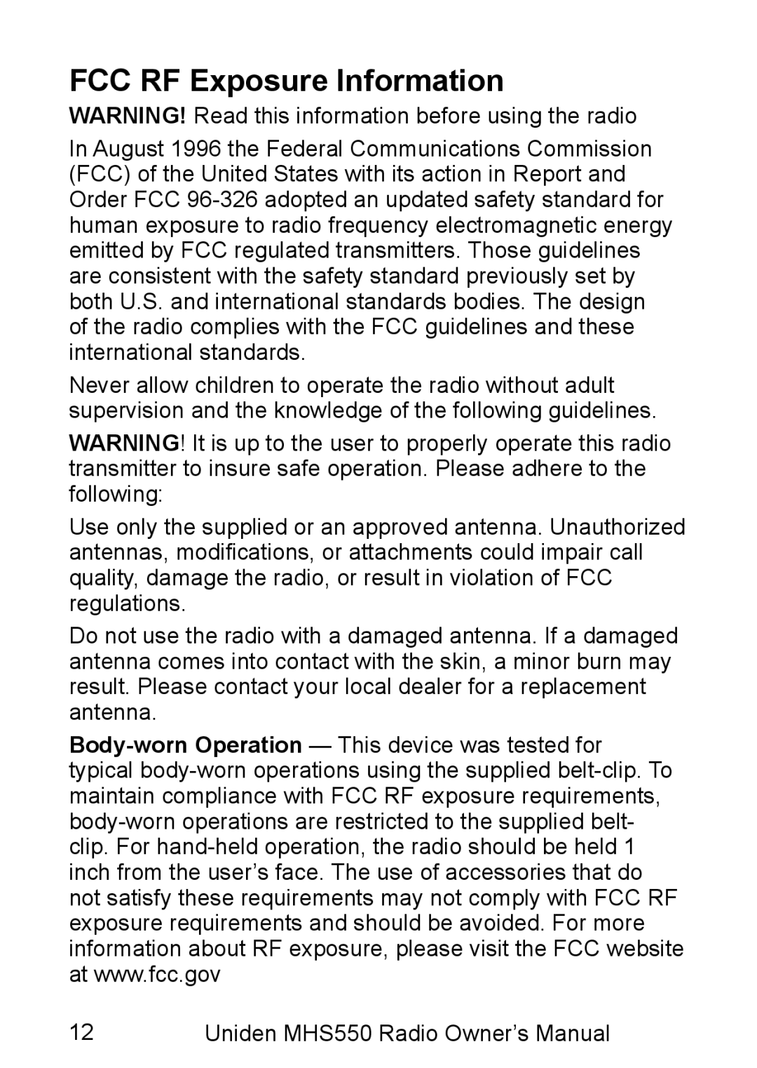 Uniden MHS550 manual FCC RF Exposure Information 