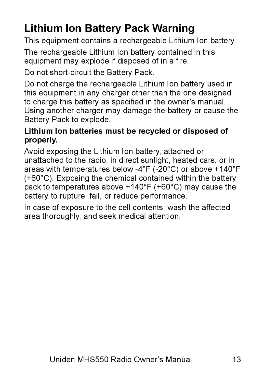 Uniden MHS550 manual Lithium Ion Battery Pack Warning 